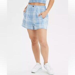 American Eagle High Waisted Plaid Flowy Shorts Size S Sky Blue Lined Linen Blend